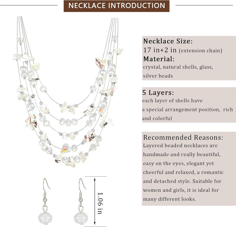 Errally Store Multi-Layer Boho Shell Beaded Necklace for Women Colorful Crystal Strand with Silver Beads Statement Collars Necklace and Earrings Costumes Jewelry Sets for Women - Image 5